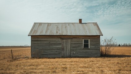 Weathered Structure in Field, Corrugated Roof, Natural Textures and Light, Horizontal Composition.