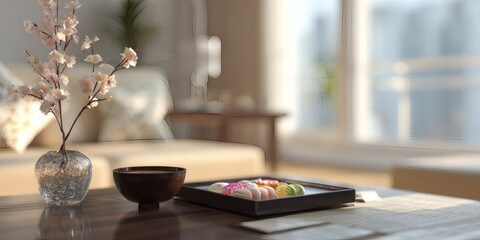 Cozy tea tray still life in sunlit room for calm home lifestyle