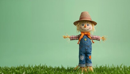 Whimsical Guardian of the Field A Charming Scarecrow in a Textured Green Meadow.