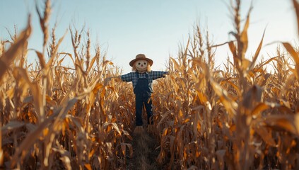 Whimsical Watcher in the Grain, Field Protector, with Sunny Reflections and Blue Sky.