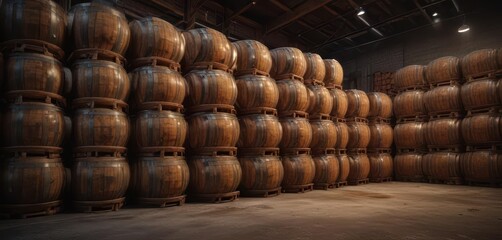 Barrels of wood stacked in a dimly lit warehouse,  cellar,  whiskey,  aged drinks
