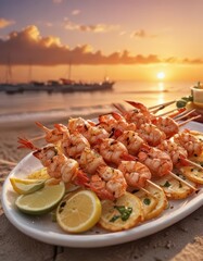 Beachside Grilled Shrimp Skewers under Sunset Sky,  food,  ocean,  grilled seafood