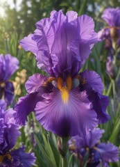 bearded iris with lilac petals and purple edges blooming in garden, garden, tuberous, lilac