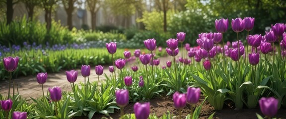 Beautiful purple tulips in a natural spring garden with greenery and flowers surrounding them,  flowers of nature ,  nature,  garden flowers