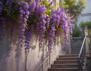 Beautiful purple wisteria flowers cascade down a staircase railing,  elegant,  blooming,  architecture