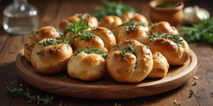 A wooden plate filled with warm garlic knots topped with fresh herbs and spices ,  wood,  spices, food