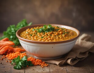 Bowl of red lentil dahl with parsley and rustic background,  parsley,  home,  earthy