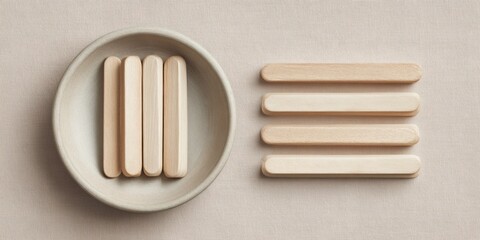 Minimal wooden stick set on plate flat lay for craft design concept