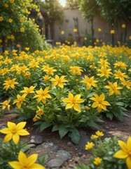 Bright yellow star-shaped flowers in a garden setting,  garden,  colorful,  yellow