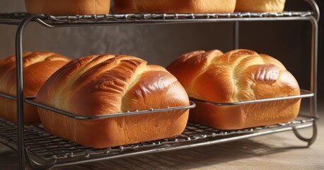 Brioche bread loaves on ceramic plate rack cooling in luxurious bakery ,  bakery,  ceramic,  luxurious