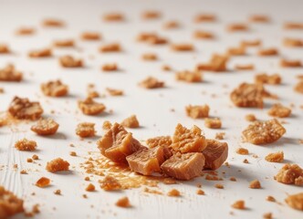 broken caramel toffee crumbs on white background,  isolated snack,  milk confections,  sweet treats