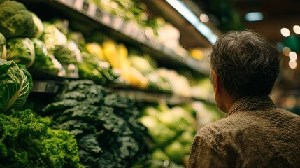 Man choose fresh vegetable in supermarket aisle for healthy lifestyle