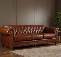 Brown leather couch with gold accents and intricate button detailing,  gold buttons,  classic design,  sophisticated decor