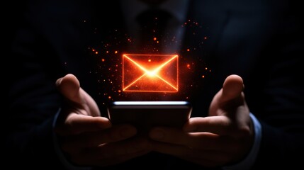 A person holding a smartphone with a glowing red envelope icon in their hands against a dark background