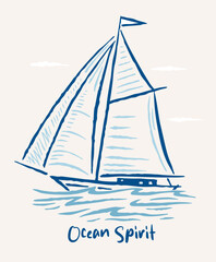 Stylized illustration of a sailboat at sea. Art in free and unadorned strokes.