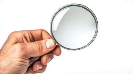 A hand holding a magnifying glass against a white background