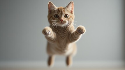 A playful orange tabby cat jumping towards the camera in a light grey indoor setting