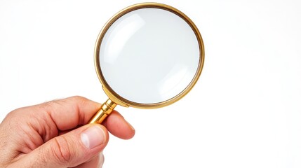 Hand holding a magnifying glass against a white background