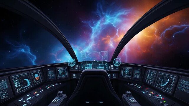 futuristic spaceship cockpit interior with neon dashboards and starfield nebula