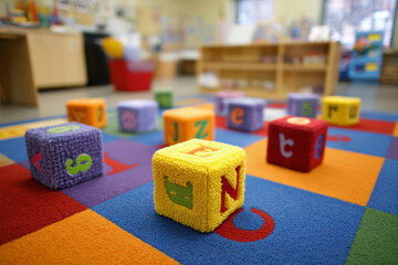 Brightly colored tactile learning cubes with raised letters and numbers on soft classroom carpets.
