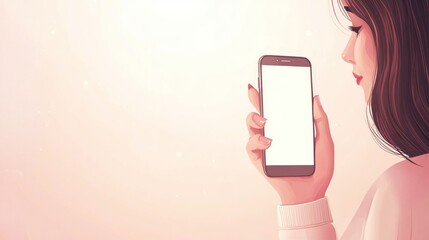 A woman holding a smartphone with a blank screen against a soft pink background
