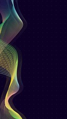 Vertical purple background with wavy colorful lines.