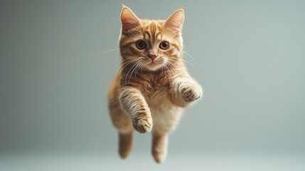 A playful orange tabby cat jumping in mid-air against a soft gray background