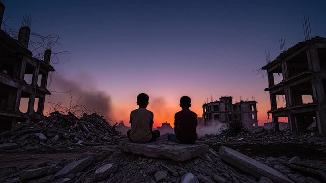 Two figures silhouetted against a dramatic sunset amidst debris