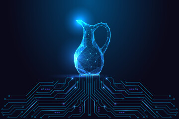Digital objects, smart appliances and tech design concept with glowing jug above circuit board.