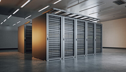 Large server room with rows of computer equipment