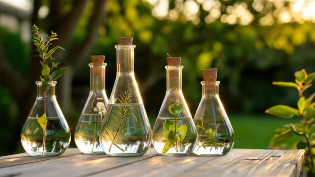 Close-up of glass flasks with plants inside, placed on a wooden table.