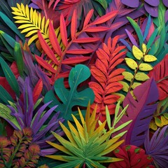 Vibrant leaves in a textured paper collage, a tropical color explosion