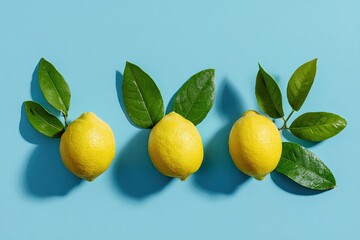 Three lemons with leaves on blue background, flat lay arrangement
