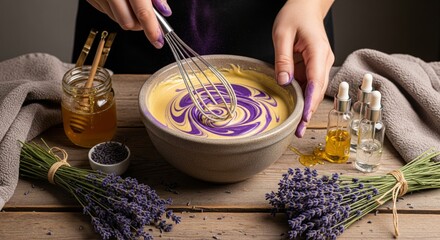 Close-up of hands creating handmade natural soap using lavender and honey.