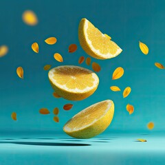 Sliced citrus fruits and petals suspended mid-air against a teal background