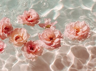 Pink roses float in shallow, light-dappled water, creating a serene image