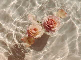 Pale pink roses float on water with bright caustics reflecting from below