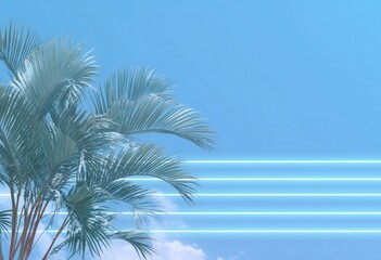 Palm tree with neon lights against blue sky