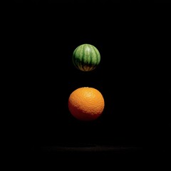 Floating orange below small watermelon, both brightly lit against black