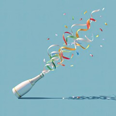 Champagne bottle with confetti and streamers against light blue background