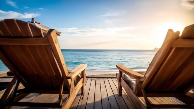 Two wooden lounge chairs on a deck overlooking the ocean with a parasol.