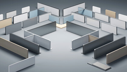Modern office cubicles in gray and beige arranged in maze