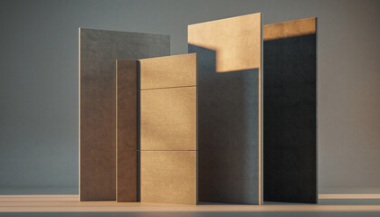 Modern architectural panels in neutral tones on wooden floor