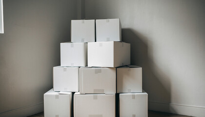 Stack of white cardboard boxes in a corner