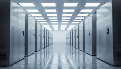 Modern server room with rows of high-tech storage units