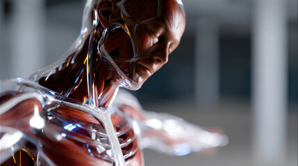 A stunning depiction of a translucent muscle anatomy model showcasing the intricate muscle fibers and skeletal structure in a fluid pose, ideal for educational use.