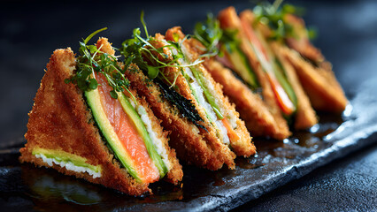 Close-up editorial realistic photo of Japanese-style fried sushi sandwich, crispy golden breaded exterior, sliced into triangle pieces showing thin layers of salmon, sushi rice, avocado, cream cheese,