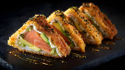 Close-up editorial realistic photo of Japanese-style fried sushi sandwich, crispy golden breaded exterior, sliced into triangle pieces showing thin layers of salmon, sushi rice, avocado, cream cheese,