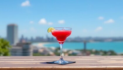 Cocktail on a wooden table against the background of the city
