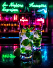 Two Refreshing Mojito Cocktails with Mint and Lime in a Neon Lit Bar